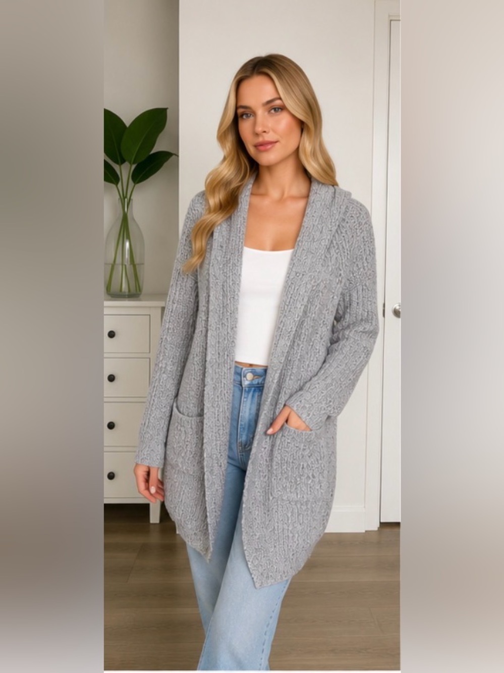 Forever 21 Gray Hooded Open Front Long Knit Cardigan Sweater | Small